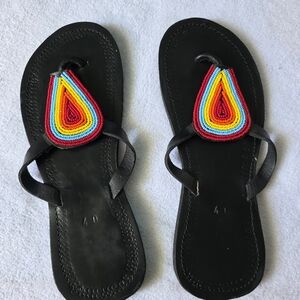 Black Beaded Women's Sandals Leather